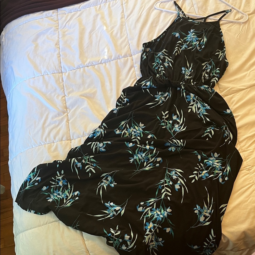 French Grey Black Maxi Dress with Blue Floral Design, Cinch Waist, Key Hole Back